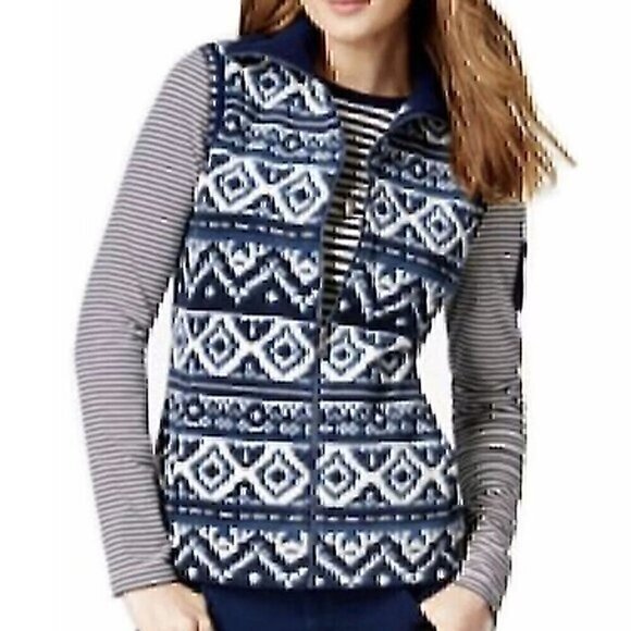 NEW NWT AMERICAN LIVING Blue Navy Cream Aztec Tribal Print Fleece Vest Small S - Picture 1 of 12